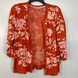 Daniel Rainn Orange Pink Floral Open Front Cardigan Scallop Hem XL Womens